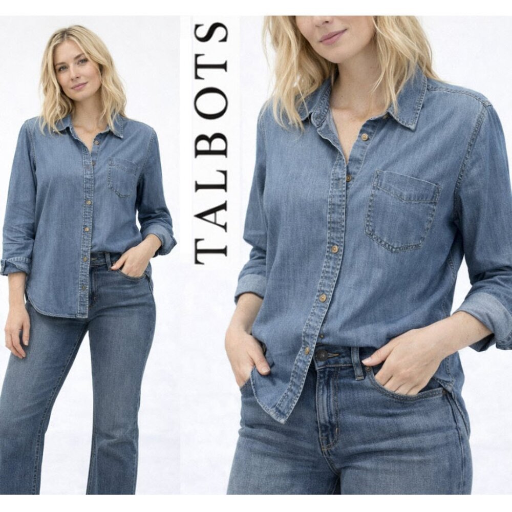 Talbots Denim Button Down Shirt Large Blue Chambray Classic Casual Top